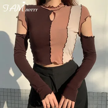 Retro Volan Moda Hollow Out Piept Mozaic tricou Femei de Primavara Toamna cu Maneci Lungi Stil coreean Crop Top Tee 2021 Iamhotty