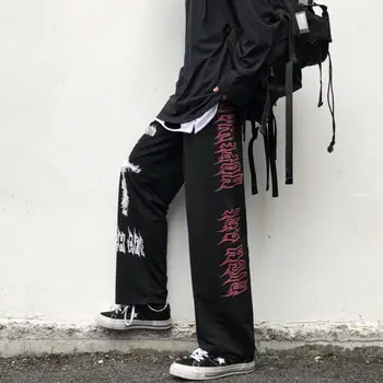 QWEEK Punk, Hippie Pantaloni Largi Femei Gotic Harajuku Pantaloni coreean Streetwear Graffiti Anime Pantaloni Largi Goth Pantaloni de Moda