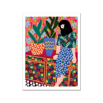 Desene animate Poster Nordic Panza Pictura Arta de Perete de Moda Fată în Rochie Colorat cu Imagini de Flori Pentru Camera de zi de Decorare Acasă
