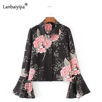 Lanbaiyijia Europa, America de Stil nou Femei Bluza Flori de Imprimare Flare Sleeve Tricouri Femei Single-breasted Guler de Turn-down Shirt