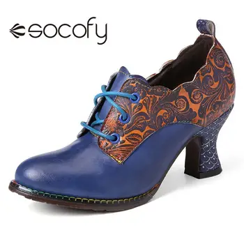 SOCOFY Vintage din Piele Floral Cusut Dantelă sus cu Fermoar Lateral Toc Indesata Pompe de Femei Rotund Toe Pantofi de Partid Botas Mujer 2020