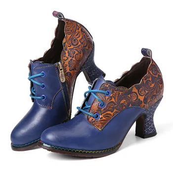 SOCOFY Vintage din Piele Floral Cusut Dantelă sus cu Fermoar Lateral Toc Indesata Pompe de Femei Rotund Toe Pantofi de Partid Botas Mujer 2020