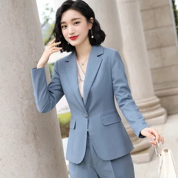 Cer Albastru Roz Pentru Femei De Moda Costum De Afaceri Interviu Plus Dimensiune Birou Domnisoare Elegante De Afaceri Maneca Lunga, Uniforme De Lucru Stabilit