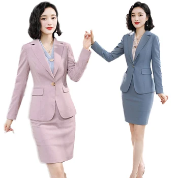 Cer Albastru Roz Pentru Femei De Moda Costum De Afaceri Interviu Plus Dimensiune Birou Domnisoare Elegante De Afaceri Maneca Lunga, Uniforme De Lucru Stabilit