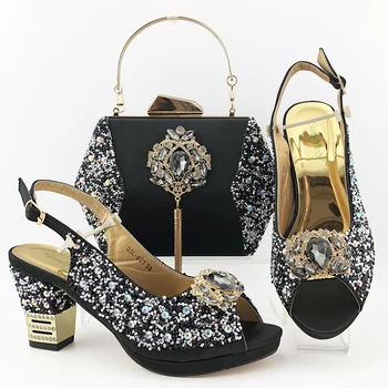 Negru Italian de Înaltă Calitate Potrivire Lady Pantofi si Geanta Material cu PU Nigerian Pantofi si Genti Set pentru Petrecere Femei Pantofi și Geantă