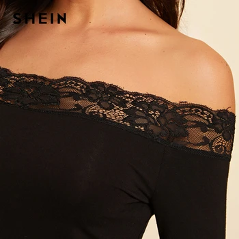 SHEIN Negru De pe Umăr Dantelă Contrastul Elegant T-Shirt Femei Topuri 2019 Toamna cu Maneci Lungi Solide de Formă Prevăzute de Bază Tees