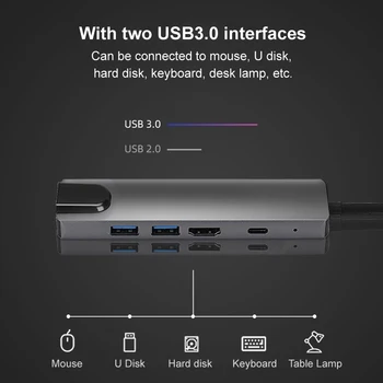 5-in-1 USB 3.0 Type-C Hub Pentru Adaptor 4K Thunderbolt 3 C Hub USB Cu Hub RJ45 TF SD Cititor Slot PD Pentru Notebook