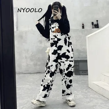 NYOOLO Harajuku Streetwear hip hop vaca model carouri salopete femei Casual pierde buzunare mari fără Mâneci Salopeta fete tinuta