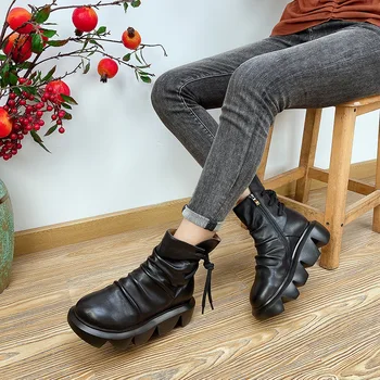 Johnature De Iarnă Cizme Pentru Femei Din Piele 2020 Nou Pantofi Femei Rotund Toe Pene Zip Manual Concis Glezna Cizme Cu Platforma