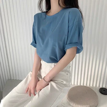 De bază femei tricou din Bumbac Tricou Femei de Vara Noi Supradimensionate Solid Teuri 8 Culoare Liber Casual Tricou coreean O de Gât de sex Feminin Topuri