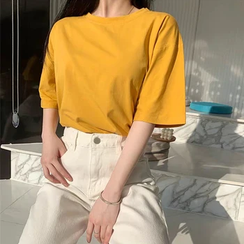 De bază femei tricou din Bumbac Tricou Femei de Vara Noi Supradimensionate Solid Teuri 8 Culoare Liber Casual Tricou coreean O de Gât de sex Feminin Topuri