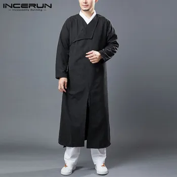 INCERUN Stil Chinezesc Barbati Haine Solid Retro Long Sleeve V Gât Topuri Lungi Casual Vintage Tradiționale Haine Barbati Haine S-5XL