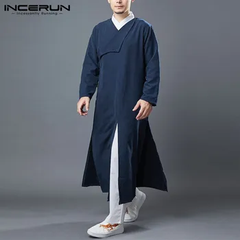 INCERUN Stil Chinezesc Barbati Haine Solid Retro Long Sleeve V Gât Topuri Lungi Casual Vintage Tradiționale Haine Barbati Haine S-5XL