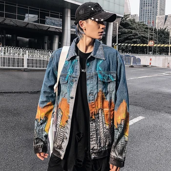 11 BYBB E ÎNTUNERIC Vintage City Print Bărbați Jachete din Denim 2019 Moda Harajuku Hip Hop Casual sex Masculin Uza Streetwear Paltoane Supradimensionate
