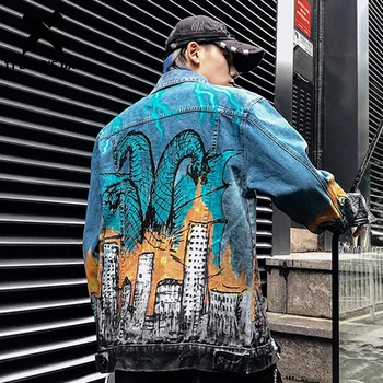 11 BYBB E ÎNTUNERIC Vintage City Print Bărbați Jachete din Denim 2019 Moda Harajuku Hip Hop Casual sex Masculin Uza Streetwear Paltoane Supradimensionate