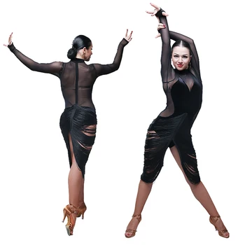 Ciucure negru latino rochii de dans Femei latino rochie de dans latino, dans modern, costume de dans salsa, rumba, tango