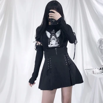 Moda Harajuku Negru Fusta Mini Femei Gothic Lolita Drăguț Bandaj Scurt O Linie Fusta Fete Vintage Punk Cosplay Suspensor Fusta