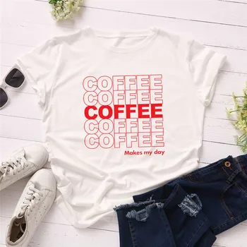 Plus Dimensiune S-5XL Noua Cafea Scrisoare de Imprimare Tricou Femei din Bumbac O-Gat Maneci Scurte de Vara Tricou Topuri Tricouri Femei Tricouri