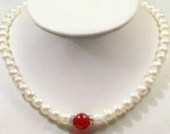 Noua moda de 7-8mm naturale de cultură de apă dulce pearl alb nearround margele colier roșu calcedonie femei lanț de bijuterii 18