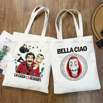 Bani Jaf Geantă de Cumpărături de Imprimare Bella Ciao Design Original Alb Casa de Moda de Hârtie de Călătorie La Casa De Papel Saci de Panza