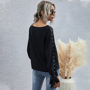 Ștrasuri Din Mărgele Deschide Bluza Cu Maneci Femei O Culoare Solidă Gât Cămașă De Moda De Top De Toamna Casual Slim Bluza Pentru Femei 2020 Nou