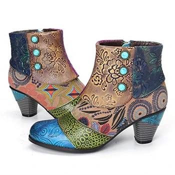 Vintage Despicare Tipărite Cizme Pentru Femei Pantofi pentru Femeie din Piele PU Retro Bloc Tocuri inalte Cizme pentru Femei 2020