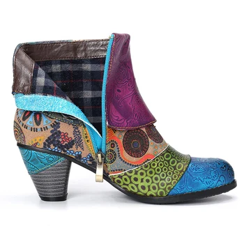 Vintage Despicare Tipărite Cizme Pentru Femei Pantofi pentru Femeie din Piele PU Retro Bloc Tocuri inalte Cizme pentru Femei 2020