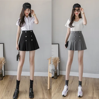 Vara Streetwear Student Fusta Scurta Dublu Rânduri Femei Pleasted Fuste Mini de Înaltă Talie O-linie Subțire Fusta cu pantaloni Scurți
