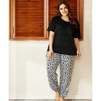 DOIB Plus Dimensiunea îmbrăcăminte de noapte pentru Femei Negru Imprimare Tricou+Pantaloni Lungi de Mari Dimensiuni Set de Pijama Homewear Două Piese Costum Sleepwear