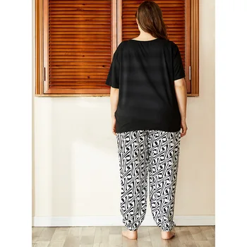 DOIB Plus Dimensiunea îmbrăcăminte de noapte pentru Femei Negru Imprimare Tricou+Pantaloni Lungi de Mari Dimensiuni Set de Pijama Homewear Două Piese Costum Sleepwear