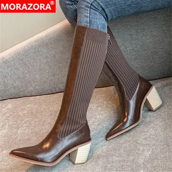 MORAZORA 2020 piele naturala cizme groase, tocuri ascuțite toe cizme de iarna de înaltă calitate 3 culori genunchi ridicat cizme femei