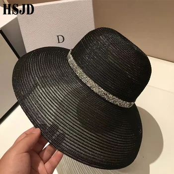 2019 Vara Elegante Margine Largă Plajă Pălărie Hepburn Stil Stras Centura de Soare, Pălării de sex Feminin Pliabil Protectie UV, Parasolar, Capace