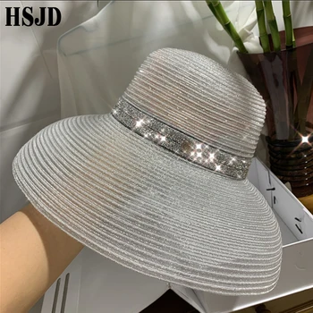 2019 Vara Elegante Margine Largă Plajă Pălărie Hepburn Stil Stras Centura de Soare, Pălării de sex Feminin Pliabil Protectie UV, Parasolar, Capace