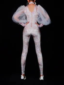 Moda Spandex Maneci din Dantela Pietre Salopeta Sexy Femei Jambiere-O singură Bucată de Performanță Costum de Scena Club de noapte Tinuta