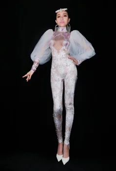 Moda Spandex Maneci din Dantela Pietre Salopeta Sexy Femei Jambiere-O singură Bucată de Performanță Costum de Scena Club de noapte Tinuta