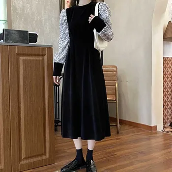 Vintage Femeie Îmbinat Val Dot Fals Două Piese Rochie Coreeană Elegant Dintr-O Bucata De Moda Doamnelor Rochie De Catifea De Iarna 2020 Rochii