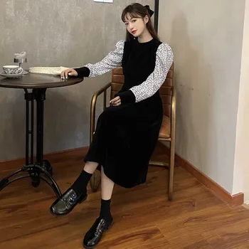Vintage Femeie Îmbinat Val Dot Fals Două Piese Rochie Coreeană Elegant Dintr-O Bucata De Moda Doamnelor Rochie De Catifea De Iarna 2020 Rochii