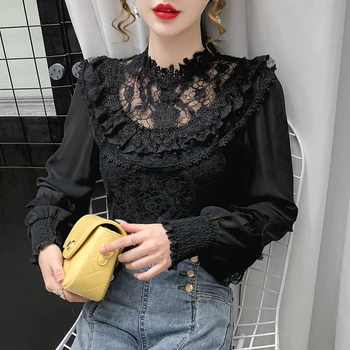 Blusas Mujer De Moda 2020 Toamna de Moda Noua Lace Sifon Gol Maneca Lunga Alb Negru Caise Femei Bluza de Sus 828G