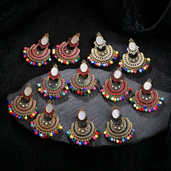 OIQUEI Indian Jhumki Bijuterii Tigan Etnice Retro Supradimensionat Formă Luna Oglindă Colorate Pătrat Margele Tassel Picătură Cercei Pentru Femei