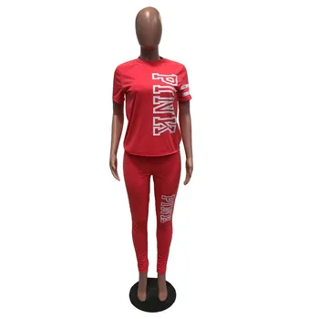Casual Roz Scrisoare De Imprimare 2 Bucata Set Pentru Femei Costume De Moda Cu Maneci Scurte Topuri Pantaloni Lounge Uzura De Vară 2020 Jogging Femme