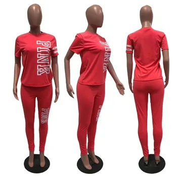 Casual Roz Scrisoare De Imprimare 2 Bucata Set Pentru Femei Costume De Moda Cu Maneci Scurte Topuri Pantaloni Lounge Uzura De Vară 2020 Jogging Femme