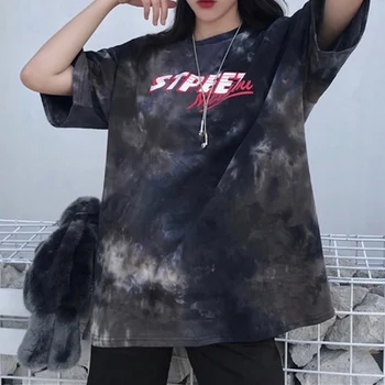 Supradimensionat de Top de Vară 2020 Femei Tricou O-gât Scrisoare de Imprimare de sex Feminin Topuri Harajuku Tie Dye T Camasa Casual, Bluze de Bază Doamnelor T-shirt