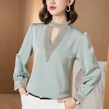 Coreea De Mătase Femei, Bluze Femei, Camasi Cu Maneca Lunga Femeie Din Satin V Gâtului Bluza Topuri Plus Dimensiune Femei Broderie Gol Afară Bluze