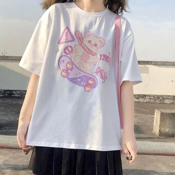 Kawaii tricouri Japoneze desene animate ursul print all-meci scurt cu mâneci lungi tricou femei de vară 2020 coreean vrac student tricou pentru fete