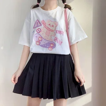 Kawaii tricouri Japoneze desene animate ursul print all-meci scurt cu mâneci lungi tricou femei de vară 2020 coreean vrac student tricou pentru fete