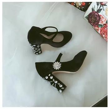 Velur Negru Retro Mary Janes Ștrasuri Din Mărgele Toc Înalt Pantofi De Partid Femei
