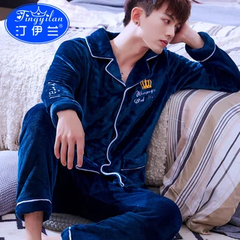 H5886 Bărbați Pijama Set Îngroșat Flanel Tineret Toamna Iarna Sleepwear Costum cu Maneci Lungi Coral Fleece de vârstă Mijlocie Haine de Acasă