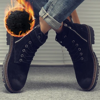 Iarna Barbati Cizme Vintage din Piele Cizme Scurte Cataramă de Moda Casual Dantela-up Pantofi pentru Bărbați Plus Catifea Cald Cizme Martin