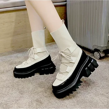 2021 Iarna Pentru Femei De Moda Gotic Cizme Scurte Groase, Tocuri Platforma Pantofi De Toamna Femei Bej Inaltime Creșterea Punk Papuceii