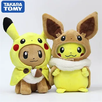 TAKARA TOMY Pokemon 30cm Kawaii Cosplay Pikachu Eevee de Pluș, Păpuși de Pluș Eevee cu Mantie Papusa Jucării de Crăciun pentru Copii
